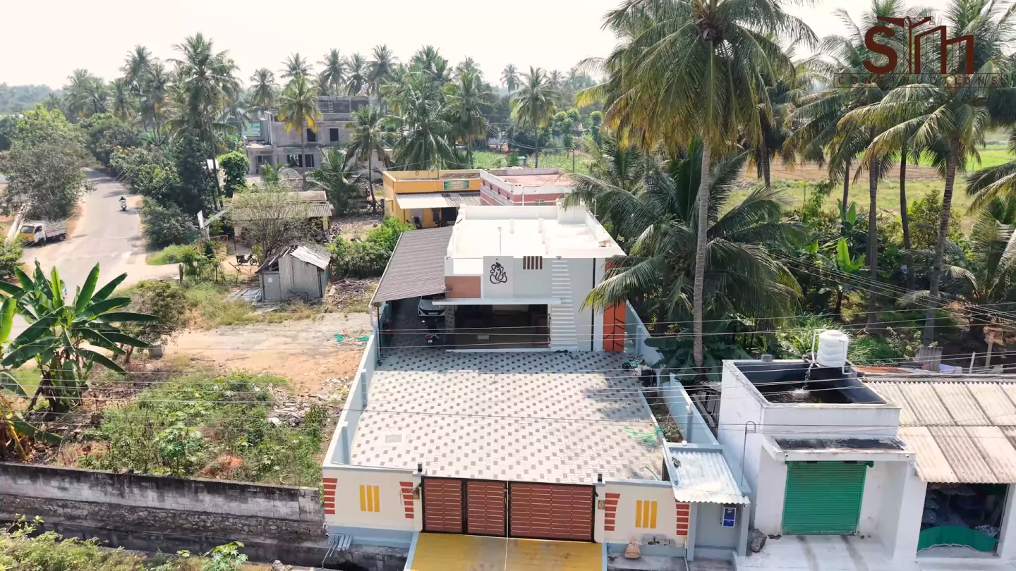 Aerial view of the house and covered car porch in Kulur, Erode