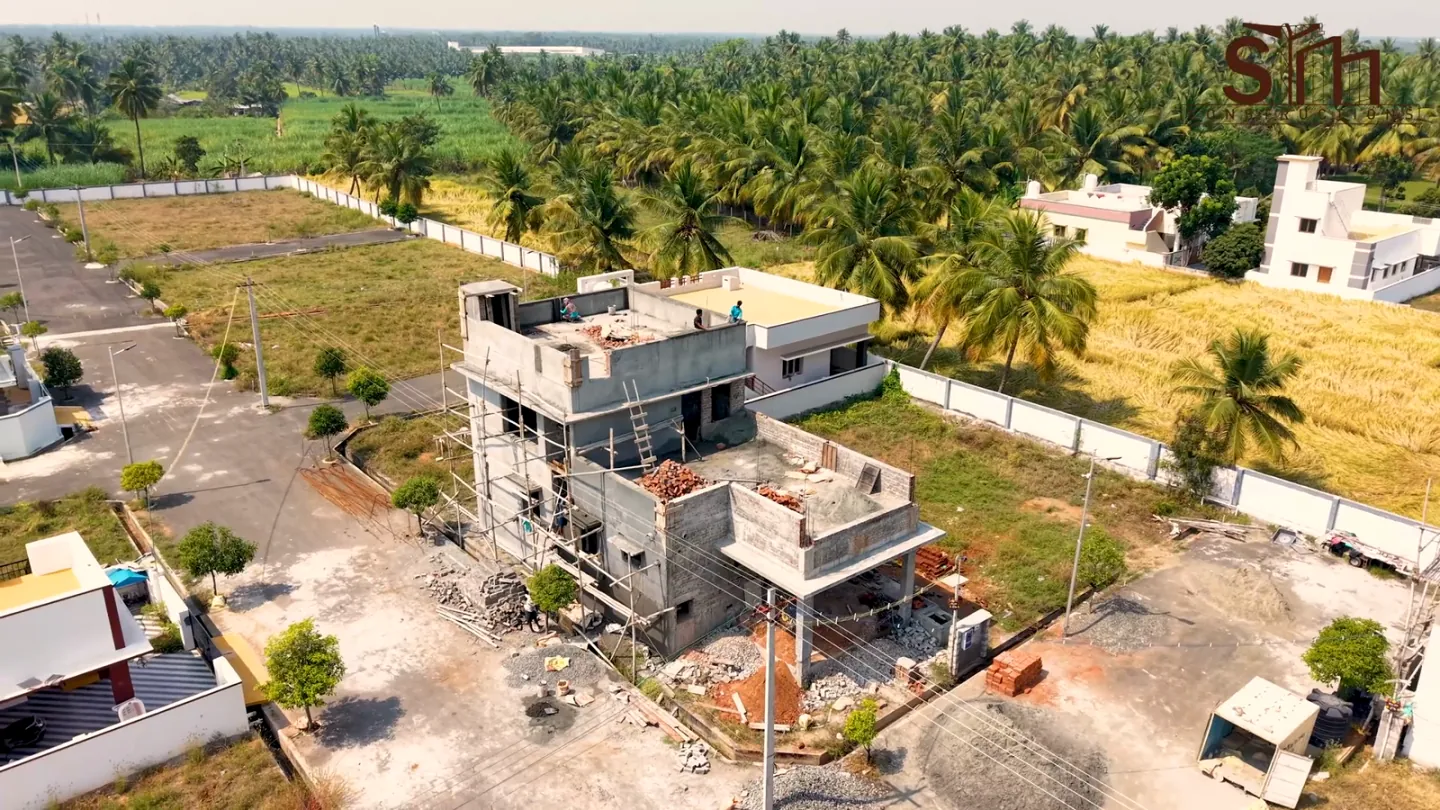 Aerial view of the house under construction in Thendral City, Modakkurichi, Erode