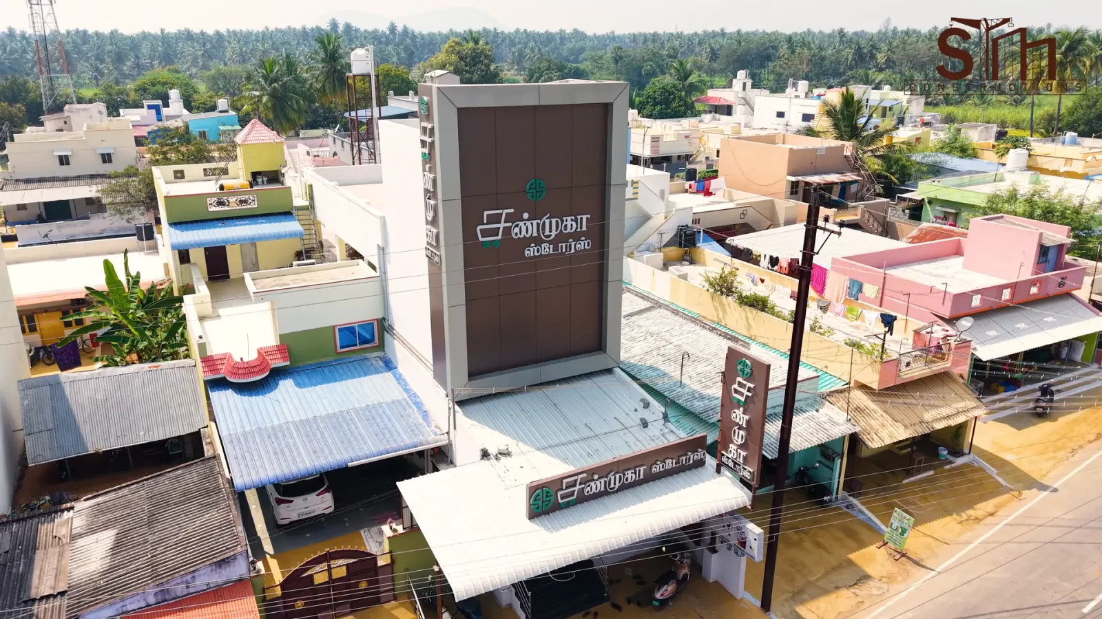 Aerial view of the supermarket storefront in Modakkurichi, Erode